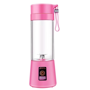 Portable pink electric mini fruit juicer with transparent cup and carrying handle