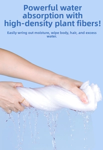 Macro shot showing high water absorption of a white plant fiber travel towel being wrung out