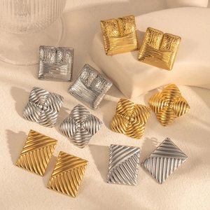 Minimalist Geometric Pleated Titanium Steel Square Earrings For Women Vintage Irregular Textured Metallic Earrings Jewelry Gift