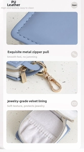 Detail of light blue PU leather jewelry box featuring waterproof finish and soft velvet lining