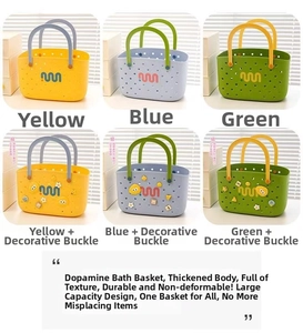 Grid view of vibrant colorful bath baskets with breathable holes and decorative charms