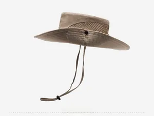 Detail view of khaki sun hat featuring breathable side mesh and adjustable chin strap