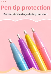 Detail of ballpoint pen nibs with silicone protectors preventing ink leakage during transit