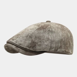 Retro tie-dye octagonal flat cap in distressed brown grey with classic short brim