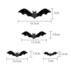 Size guide for 3D black paper bat wall stickers in four different dimensions for Halloween