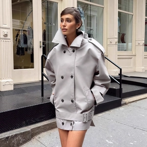 Women Oversized Short Trench Coat Jacket Double Breasted Lapel Belted Long Sleeve Fashion Streetwear Solid Color