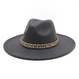 Detail of dark grey wide brim wool fedora hat featuring colorful geometric woven band