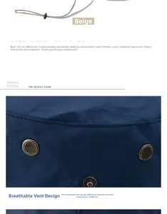 Detail view of deep blue outdoor hat featuring copper mesh vents and beige drawstring