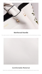 Detail of white PU leather handbag featuring reinforced handle stitching and gold metal hardware