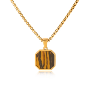 Detailed view of square tiger eye stone pendant on golden stainless steel chain