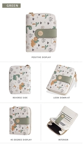Collage of cream-colored short wallet with green dinosaur print and internal card slots