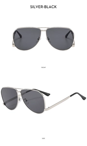 Front and side view of silver metal aviator sunglasses with dark grey lenses