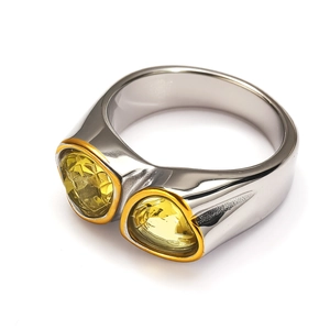 Detail of dual yellow faceted stones with gold bezel setting on silver ring band