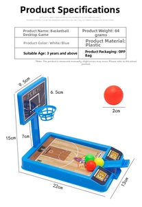 Detailed size specifications for the mini desktop basketball game with dimensions