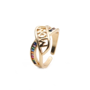 Detailed close-up of adjustable gold MOM ring featuring hollow letters and colored zircon