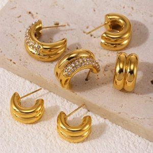Minimalist Stainless Steel C-Shape Stud Earrings For Women 18K Gold Plated Inlaid Rhinestone Geometric Ear Jewelry