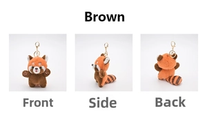 Cute red panda plush keychain shown from front, side and back views on white background