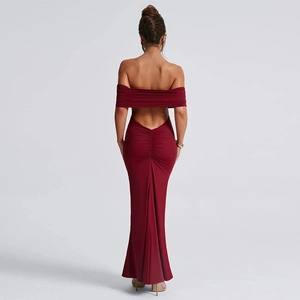 Detail of red backless strapless maxi evening dress showing elegant slim fit design