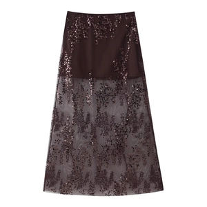Jupe longue élégante en maille violette avec paillettes et design d'épissage étagé