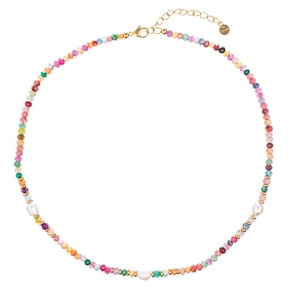 Colorful natural stone beaded necklace with stainless steel and pearls in bohemian style