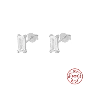Close-up of S925 sterling silver rectangular earrings with four-prong set clear zircon