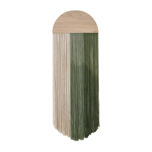 Handwoven boho wall hanging with semi-circle wood board in beige and green cotton rope