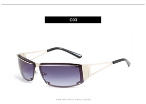 Detailed macro view of Y2K sunglasses silver hollow frame and purple gradient lens