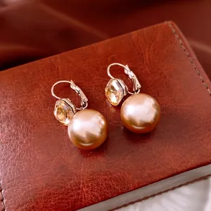 Vintage French Style Lever Back Dangle Earrings For Women With Champagne Faux Artificial Pearl And Faceted Crystal Copper Jewelry