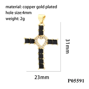 Creative 18K gold plated heart cross pendant with micro-inlaid colored zircons and measurements