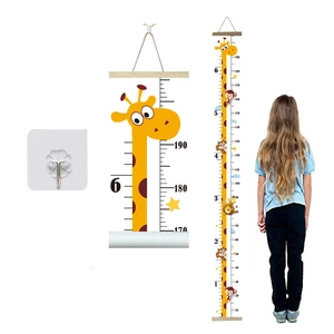Kids Height Growth Chart Hanging Ruler For Boys And Girls Room Decor Canvas And Wood Animal Cartoon Pattern Wall Art Scroll