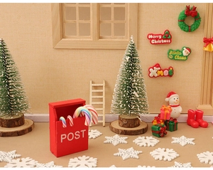 Miniature Christmas scene with a red mailbox, tiny trees, and snowman for dollhouse DIY decor