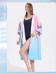 Quick-dry hooded changing robe for surfing with zipper in pink-blue gradient fiber