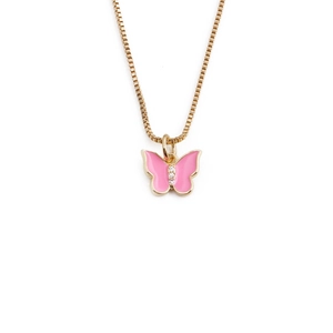 Detailed view of a pink butterfly pendant necklace with gold chain and micro-inlaid stones