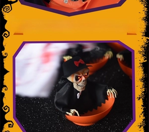 Macro detail of Halloween animated skull bowl requiring three AA batteries for light and motion