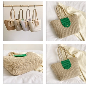Detail of woven straw tote bag with lace bow decoration and U-shaped buckle closure