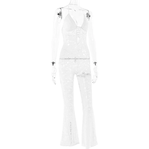 Close-up of white sheer lace halter jumpsuit with front tie-up and flared legs detail