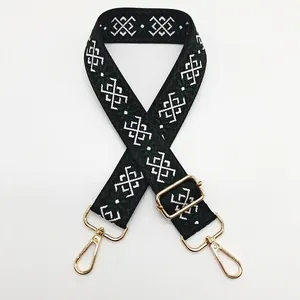 Detail of 3.8cm woven bag strap with green geometric embroidery and gold hardware