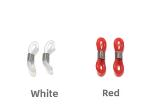 Close-up of flexible silicone eyeglass chain connectors in white and red with metal coils
