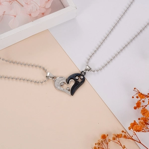 Couples heart pendant necklace set with I love you engraving and rhinestone accents