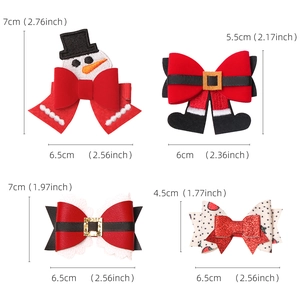 Detailed size chart of Christmas bow hair clips with Santa and Snowman motifs
