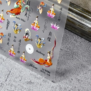 Detail shot of 5D embossed nail stickers featuring Dunhuang flying deities and textures