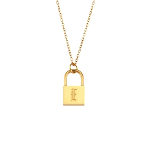 Layered gold padlock pendant necklace with letter F engraving on minimalist chain