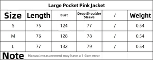 Detailed size chart for the oversized parka jacket showing length and bust measurements