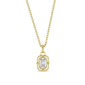 Detailed close-up of golden box chain necklace with double-framed crystal zircon pendant