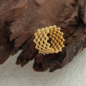 French vintage 18K gold plated mesh ring with hollow honeycomb structure and crystals