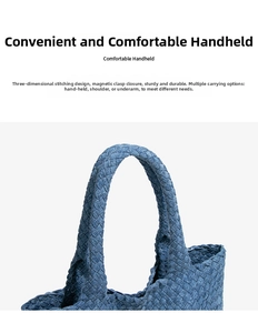 Close-up of the woven denim blue tote bag showing the comfortable handheld loop and stitching