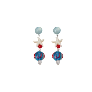 Vibrant ocean style starfish earrings with blue beads and colorful accents on white background