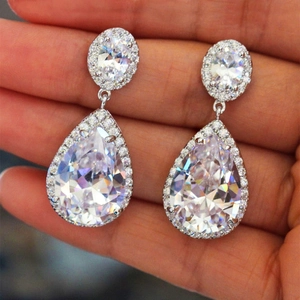 Elegant Pear Water Drop Earrings Copper Premium Zircon Halo Dangle For Women Wedding Bridal Jewelry Silver Color