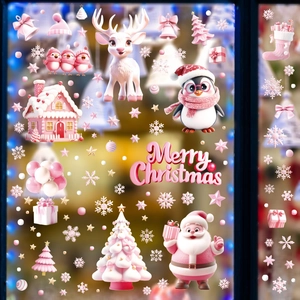 Stickers de Noël 3D roses pour fenêtres avec Père Noël, rennes et flocons