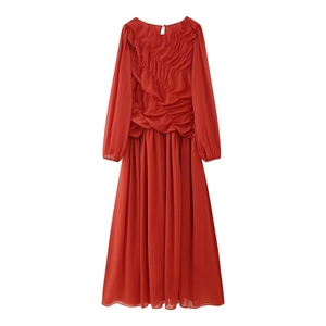Elegant red long sleeve pleated midi dress with high neck and cinched waist for spring